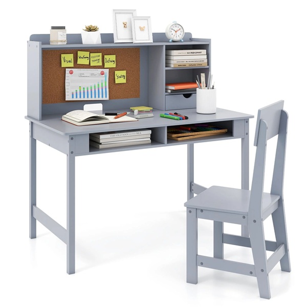 Medinis mokinio stalas su kamštine lenta, lentynomis ir stalčiumi (Pilkas)